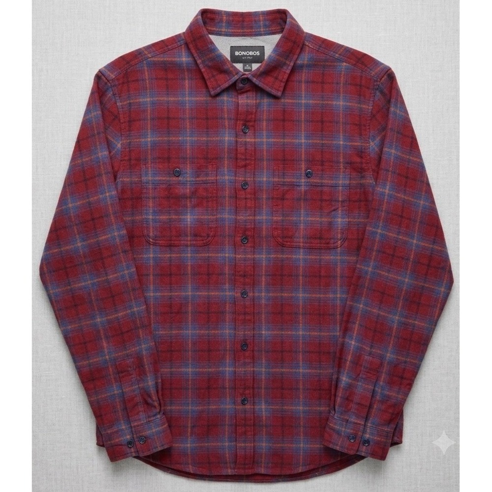 Bonobos Shirt‎ Mens XL Red Blue Plaid Cotton Standard Fit Long Sleeve Flannel